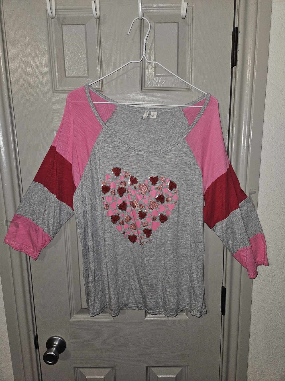 Cato Gray 3/4-Sleeve Raglan Tee with Pink & Red Heart Sequin Detail
